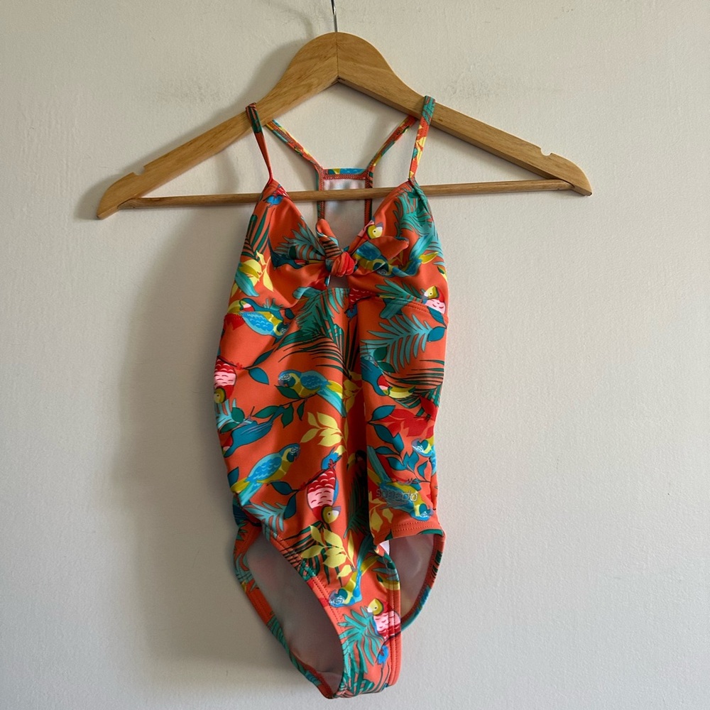 Speedo Girls Peach Parrot Tropical Print Bow Tie One Piece Swimsuit size Small